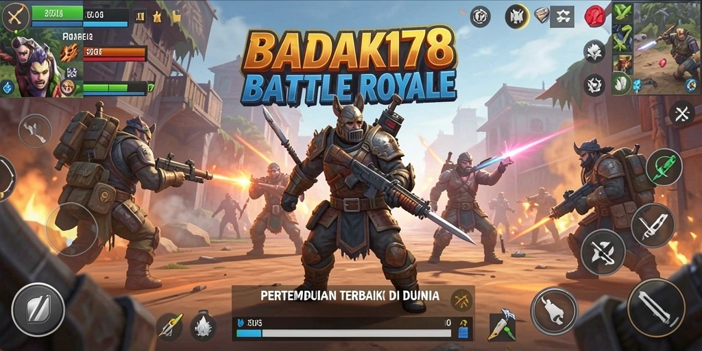Screenshot utama BADAK178 menampilkan aksi pertempuran di arena Battle Royale.