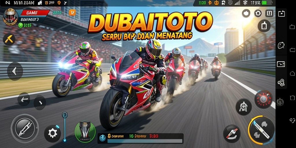 Tangkapan layar gameplay DUBAITOTO menampilkan aksi balap motor yang seru.