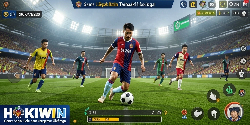 Tampilan layar HOKIWIN dengan aksi sepak bola yang mendebarkan.