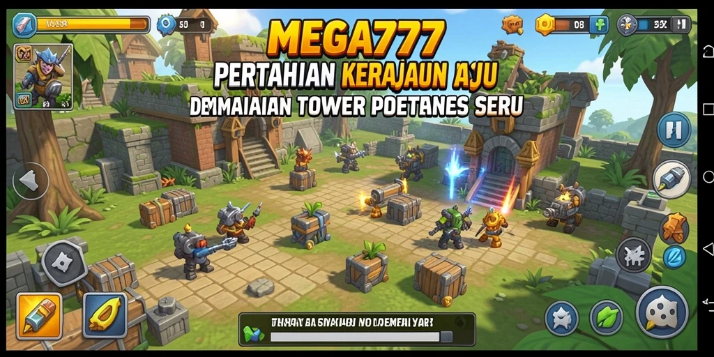 Tampilan gameplay MEGA777 menunjukkan pertahanan menara yang epik melawan gelombang musuh.