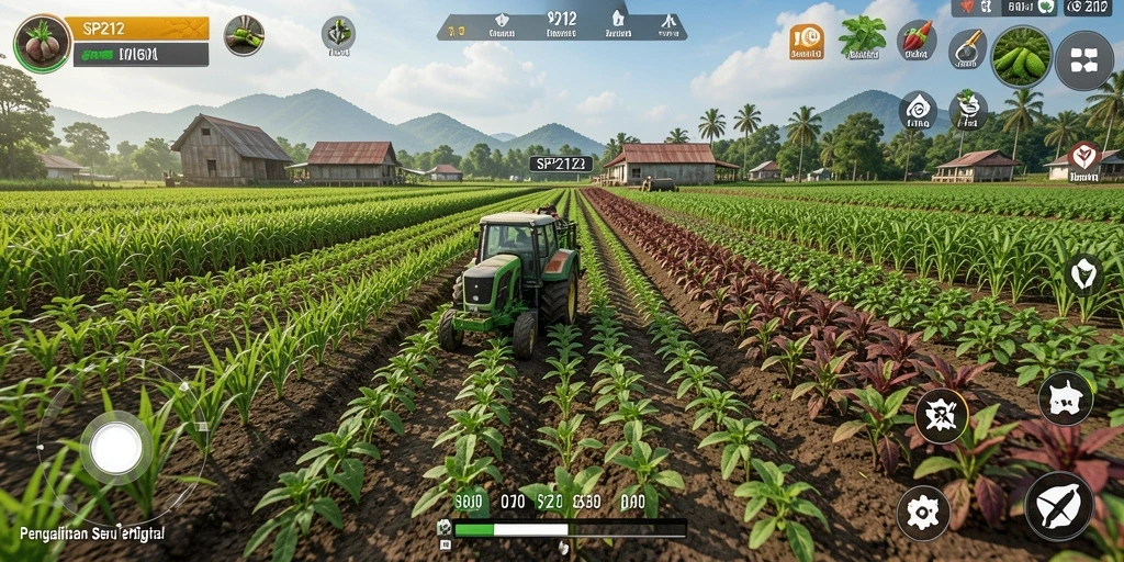 Screenshot menunjukkan gameplay pertanian yang menarik dan penuh warna.