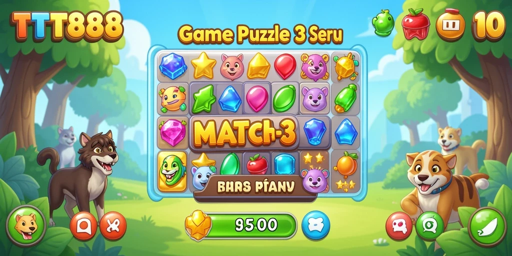 Tampilan gameplay seru TTT888 dalam mencocokkan permata berwarna.